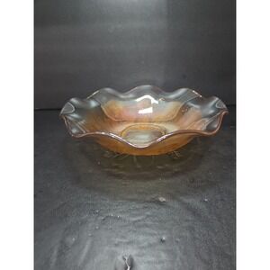 Jeanette Iris and Herringbone Bowl,‎ Marigold Carnival Glass, 11.5" Ruffled Bowl